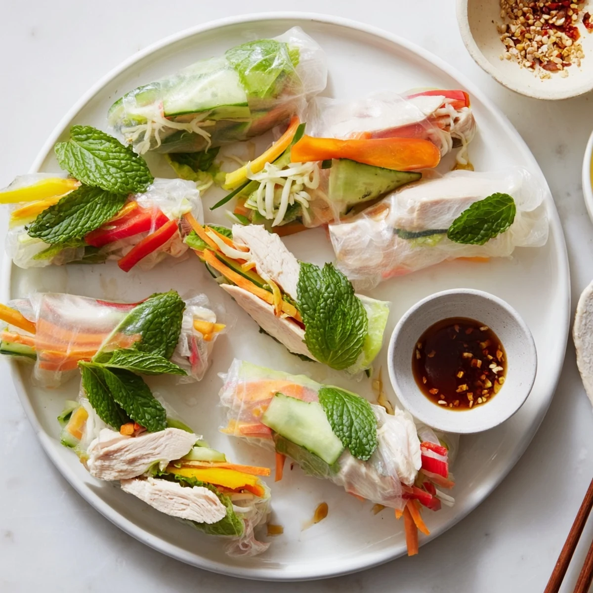 Fresh light chicken veggie spring rolls arranged on white plate with zesty dipping sauce