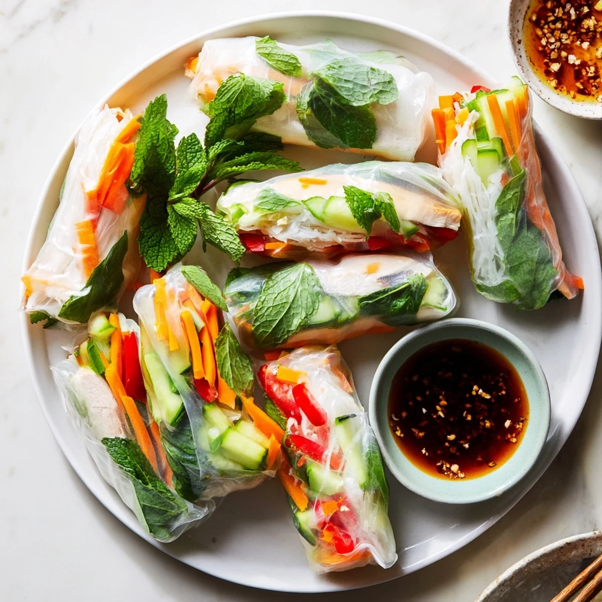 Golden translucent rice paper rolls filled with sliced chicken and vibrant julienned vegetables