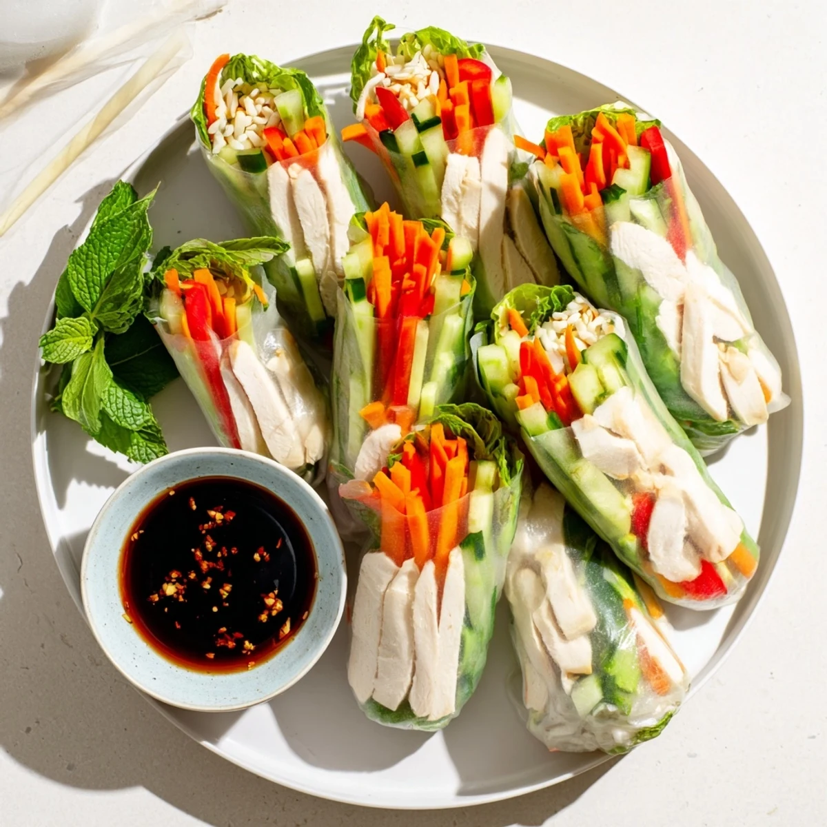 Close-up of healthy chicken spring rolls showcasing colorful carrot cucumber and bell pepper strips