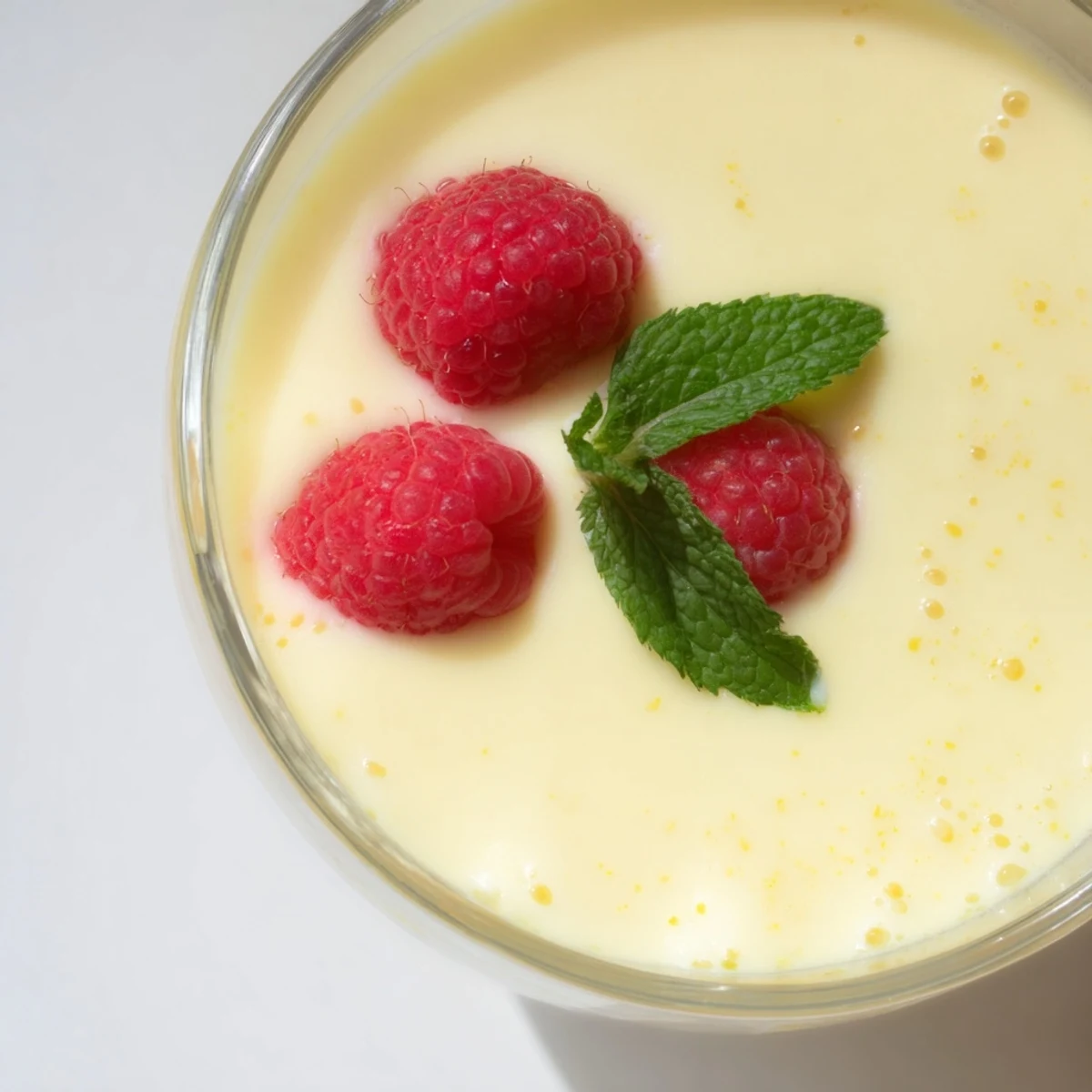 Creamy lemon posset topped with fresh raspberries and mint in glass ramekins
