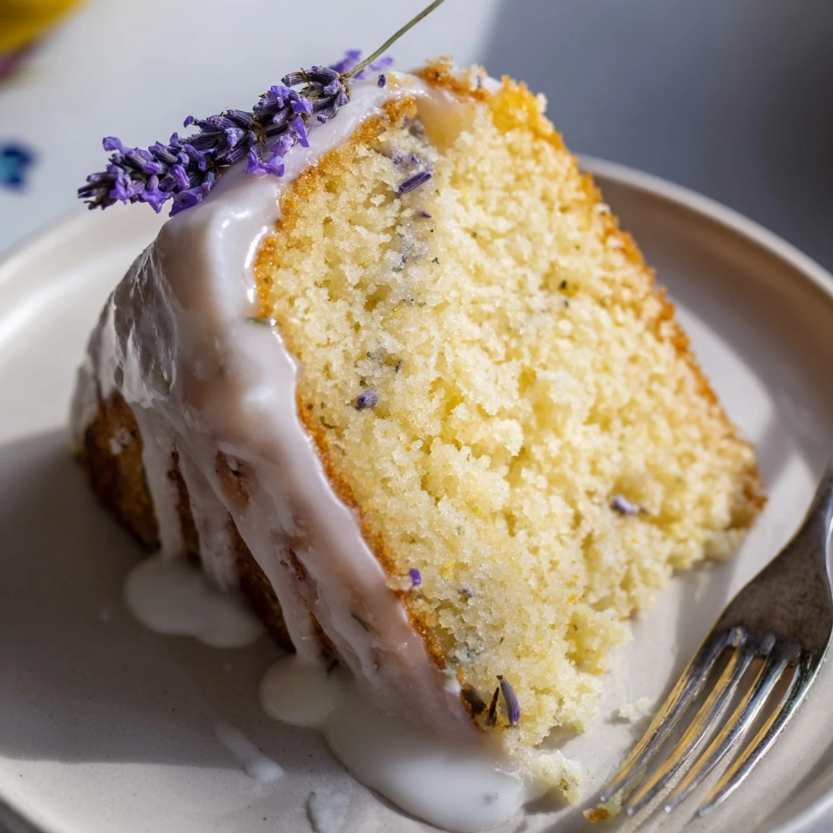 Golden lemon lavender cake drizzled with white glaze and fresh lavender buds on a rustic wooden board