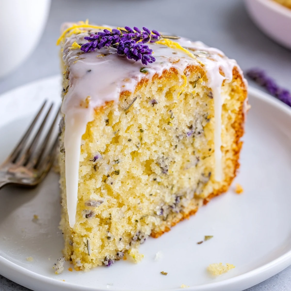 Elegant round lemon lavender cake with glossy icing and purple lavender garnish on white plate