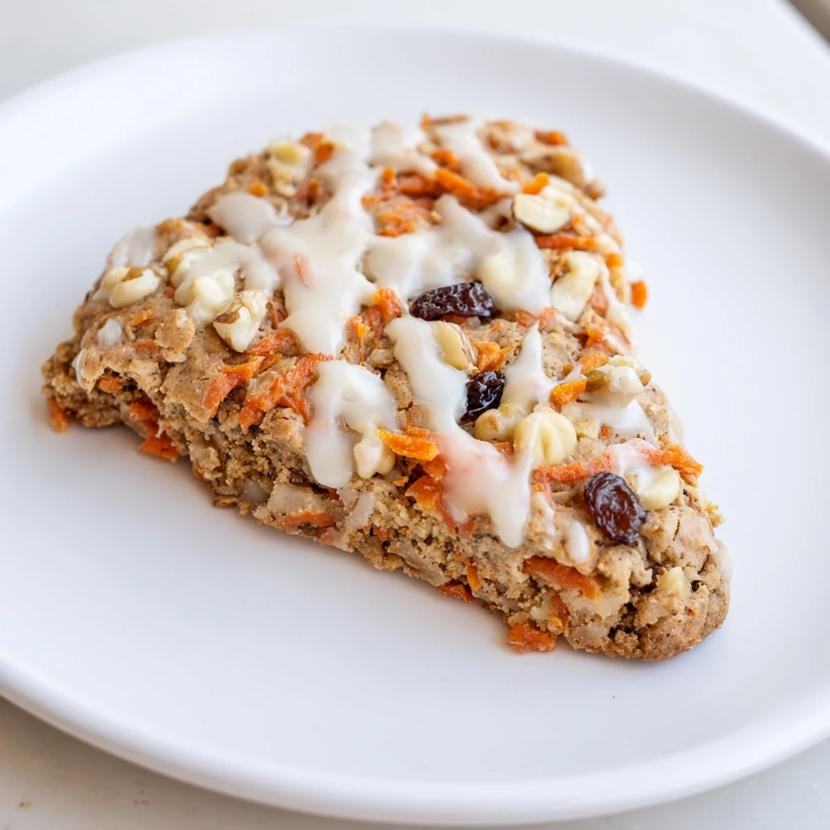 Golden brown chewy carrot cake cookies studded with grated carrots, walnuts, and plump raisins on a white plate