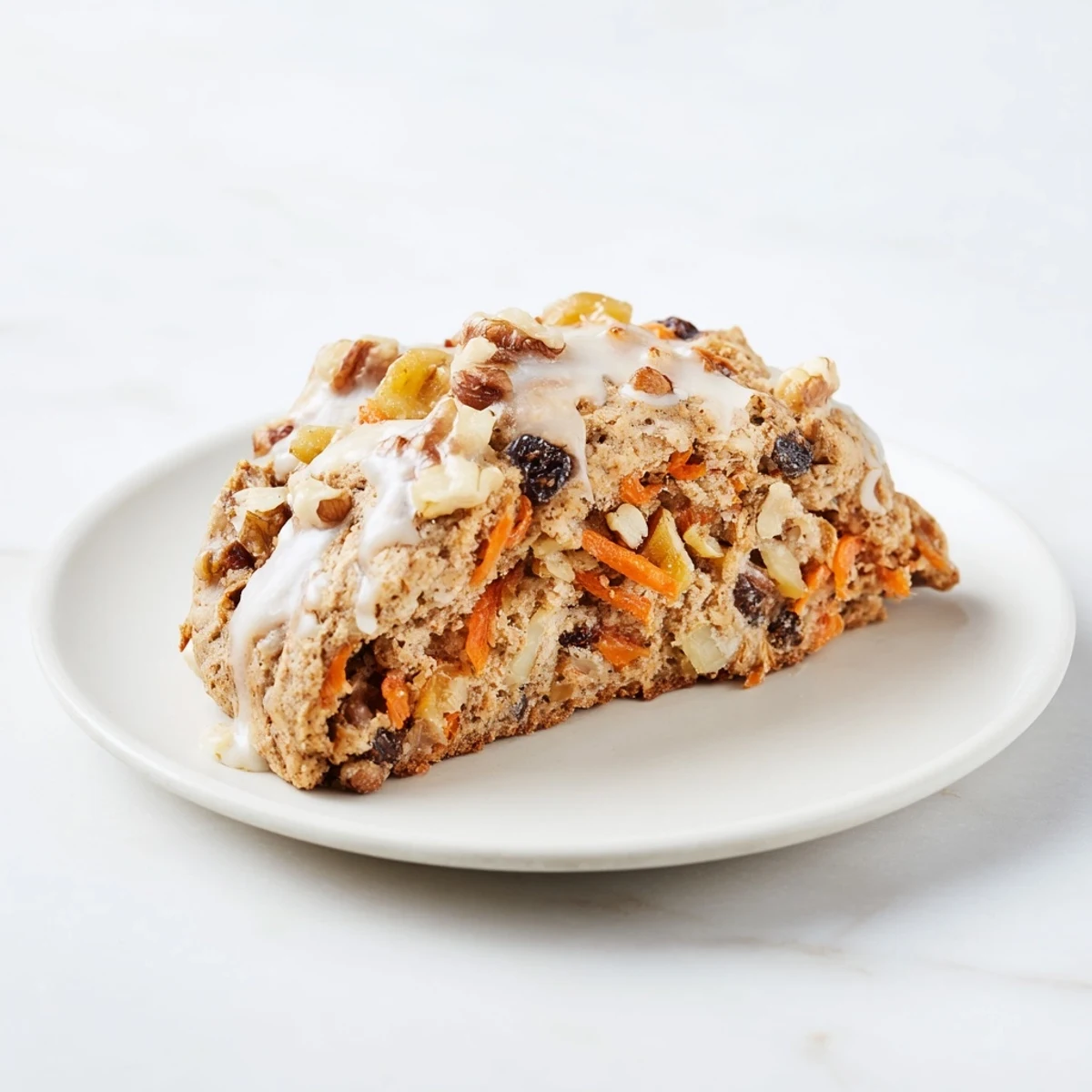 Stack of homemade chewy carrot cake cookies topped with cream cheese glaze, showcasing walnuts and textured carrot bits