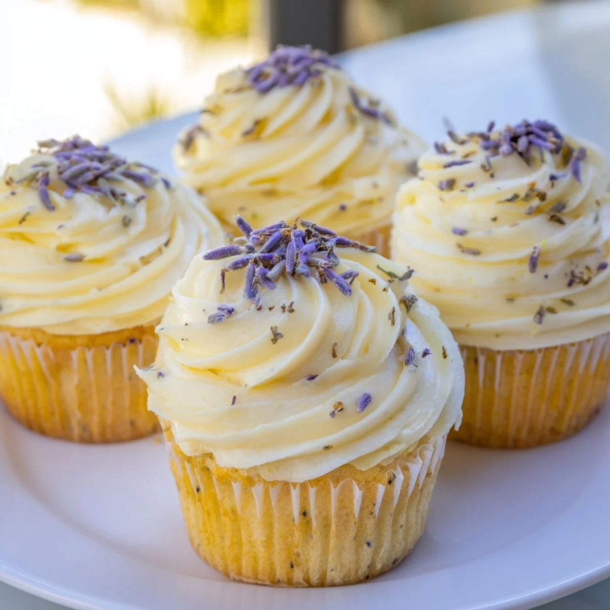Fresh lemon lavender cupcakes with fluffy lemon buttercream swirled high on delicate floral-infused cake
