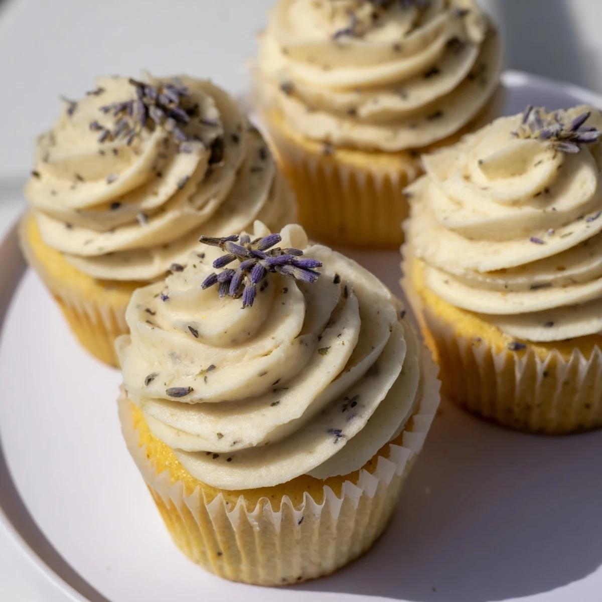 Stack of bright lemon lavender cupcakes with smooth frosting and sprinkled dried lavender buds on top