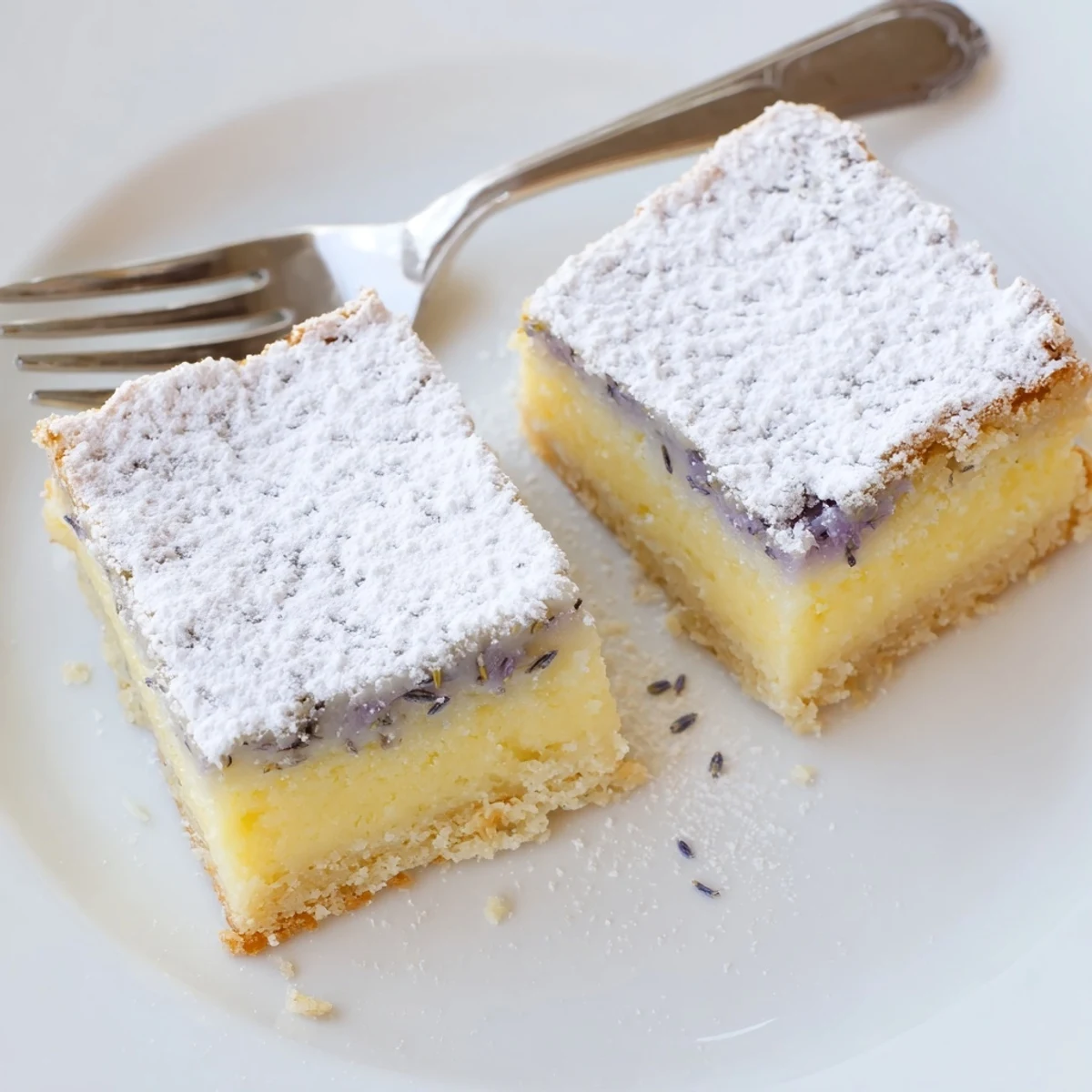 Golden lavender lemon cream bars with buttery shortbread crust dusted with powdered sugar