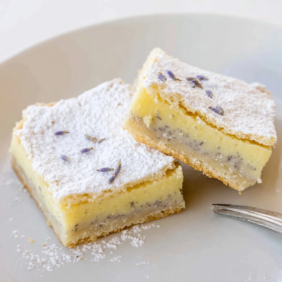 Creamy lemon lavender dessert squares sliced on white plate garnished with fresh lavender