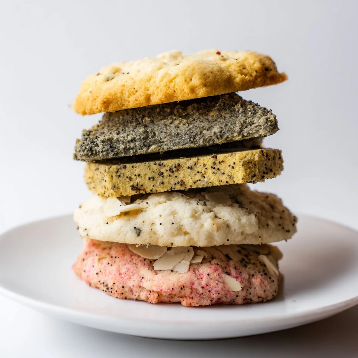 Golden spring cookie collection featuring lemon poppy seed, matcha almond, and strawberry white chocolate varieties arranged on a rustic wooden board