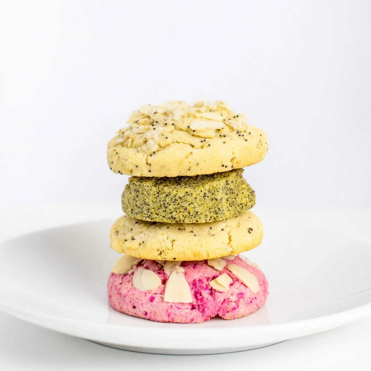 Colorful assortment of fresh spring cookies including green matcha shortbread, yellow lemon treats, and pink strawberry desserts displayed for Easter gathering