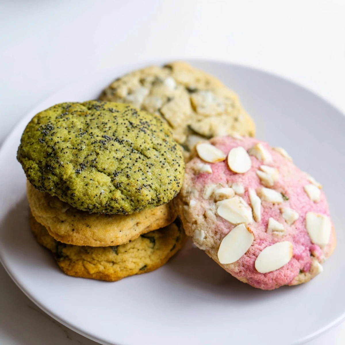 Delightful spring cookie collection stacked on white plate showcasing vibrant pastel desserts perfect for spring baking and afternoon tea serving
