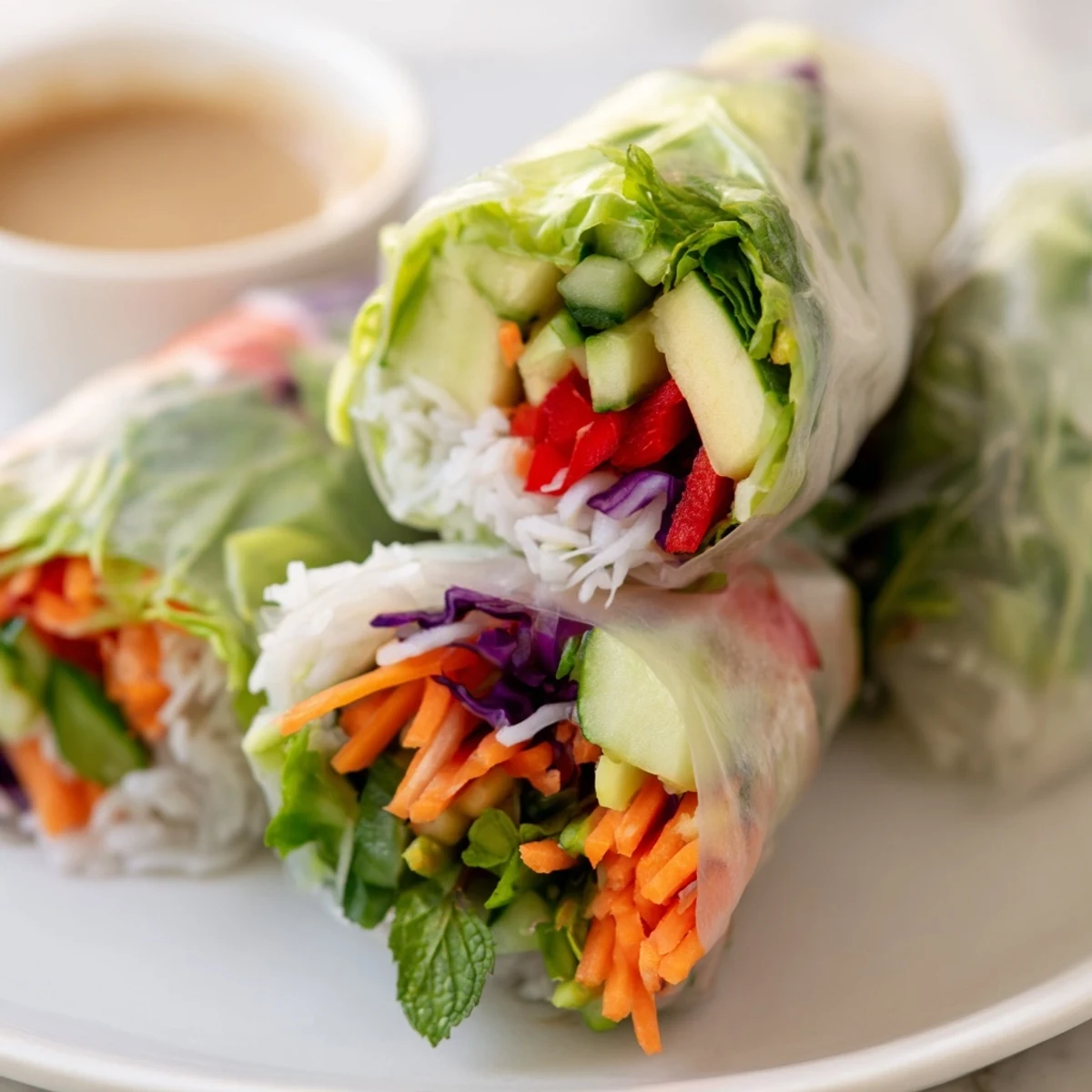 Transparent rice paper rolls stuffed with colorful julienned vegetables and fresh herbs.