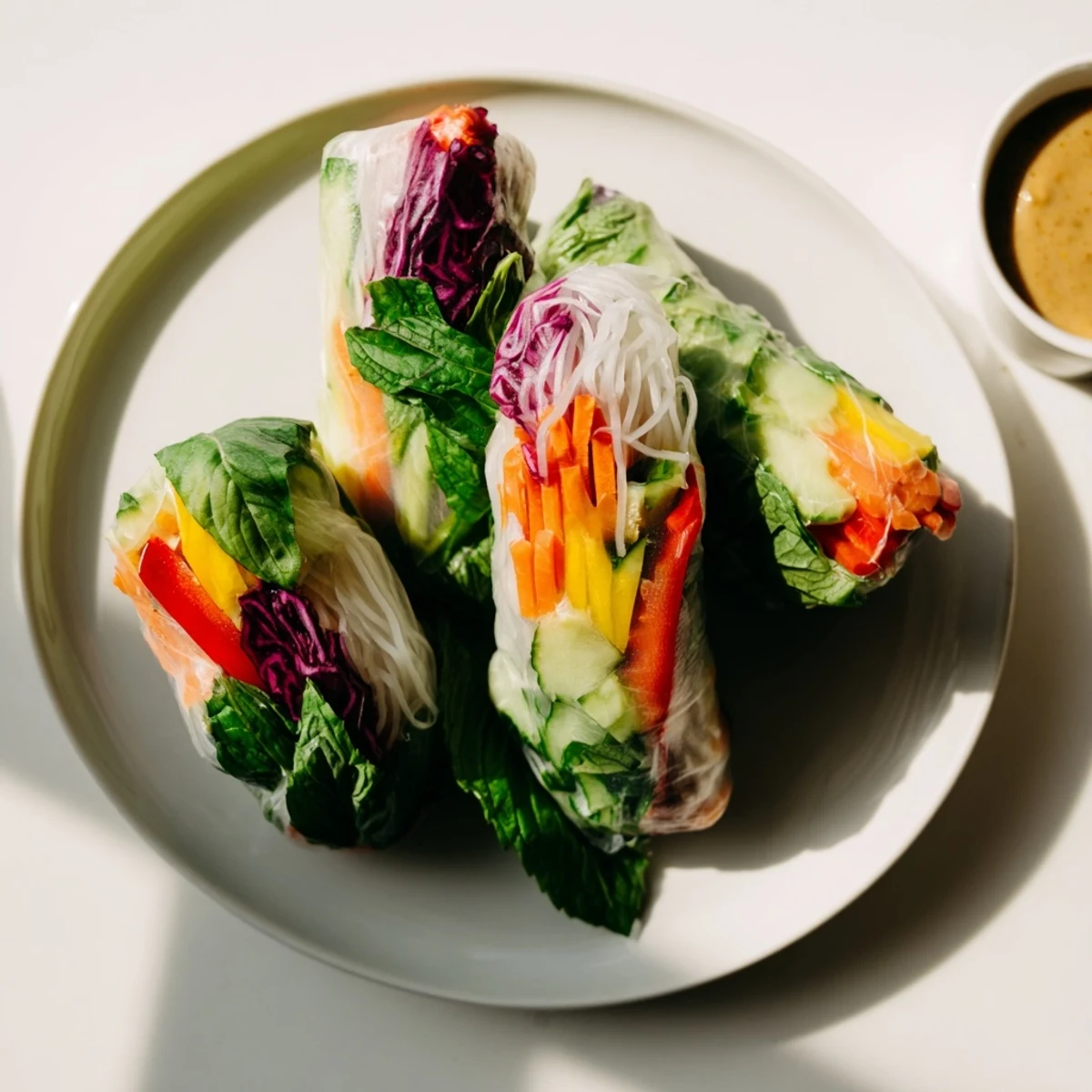Fresh spring rolls with crisp carrots, cucumber, and creamy avocado slices ready to serve.