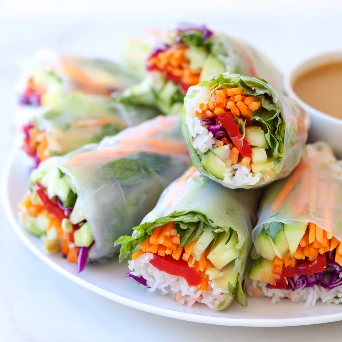Vietnamese-style fresh spring rolls arranged on a white plate beside rich peanut dipping sauce.