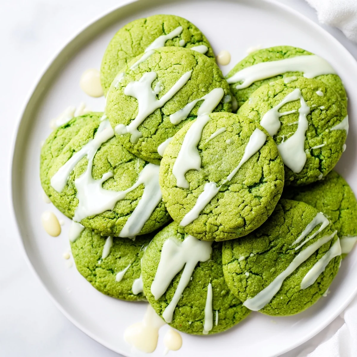 Freshly baked green velvet cookies with sweet white chocolate swirls cooling on a wire rack