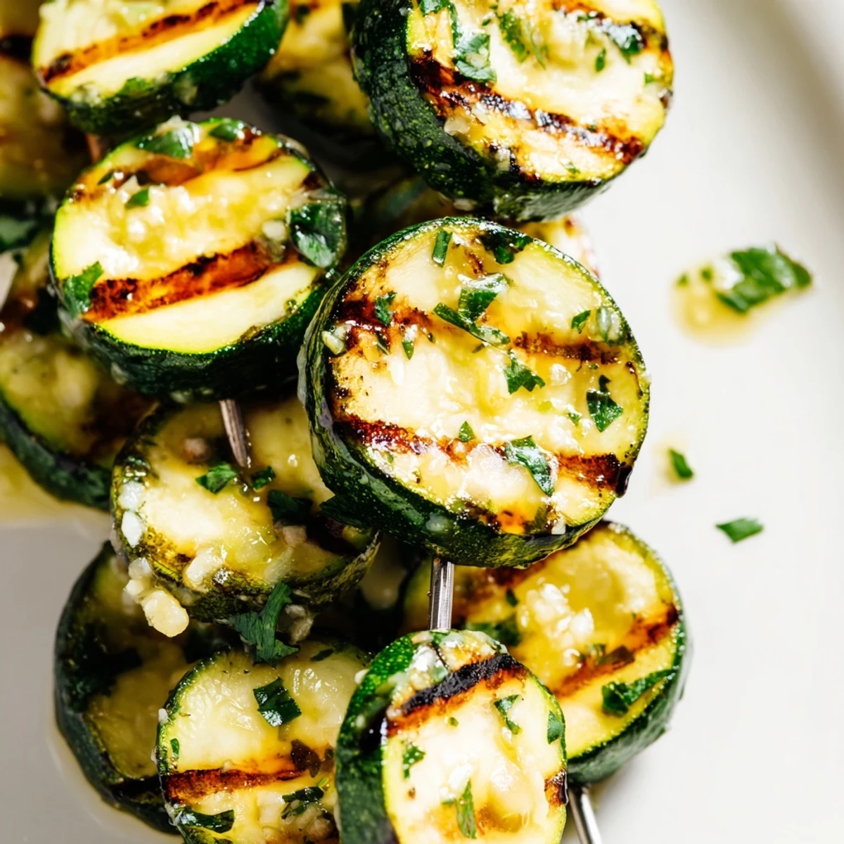 Golden grilled zucchini rounds on skewers brushed with melted garlic butter and fresh parsley
