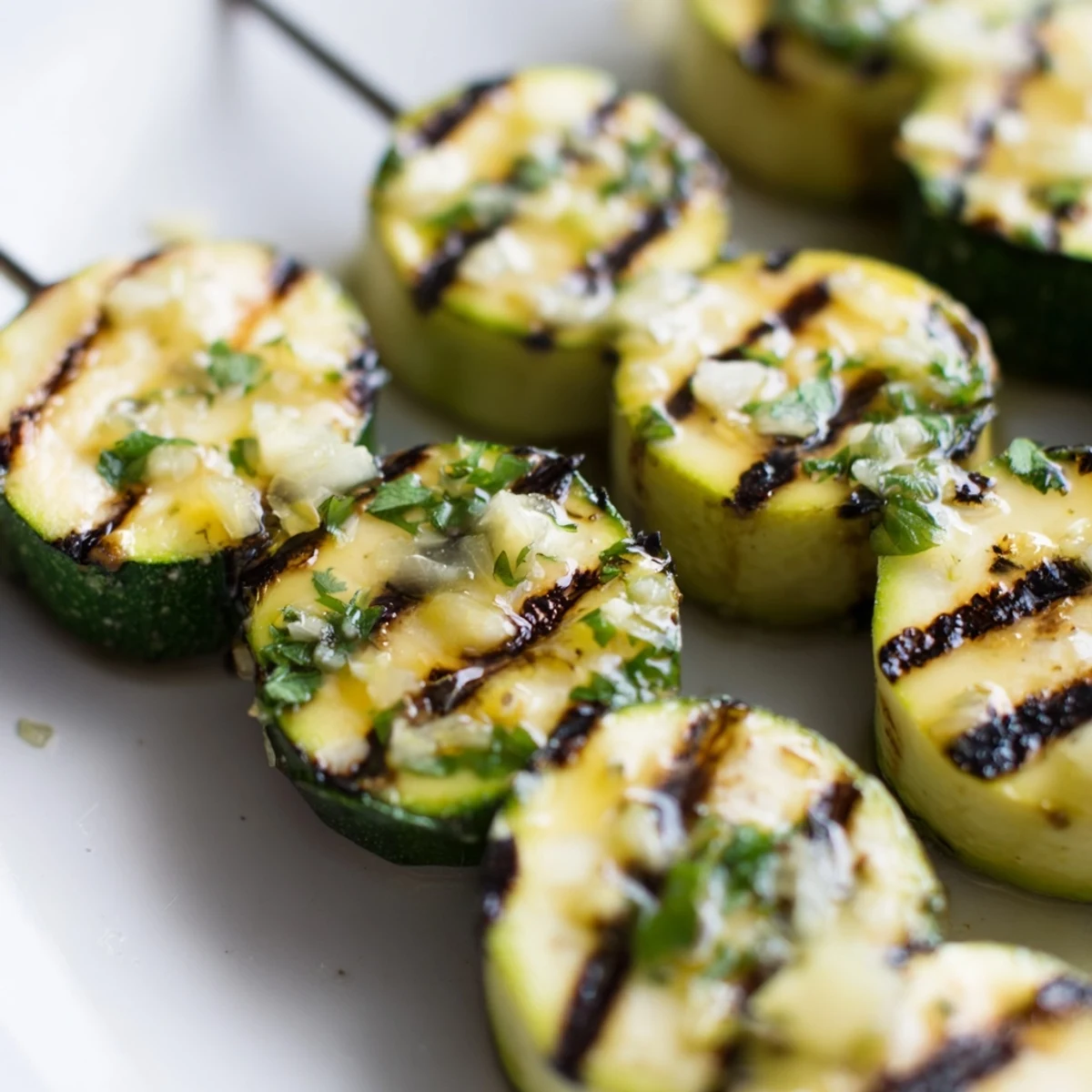 Tender Easy Garlic Butter Zucchini Skewers with charred grill marks and glistening herb butter