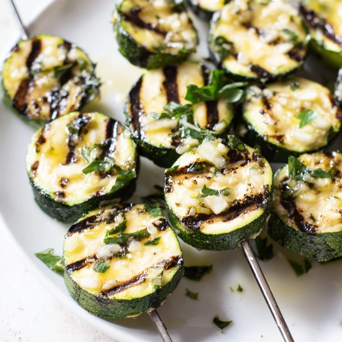 Vegetarian zucchini pieces threaded on skewers, grilled until tender with rich garlic butter glaze