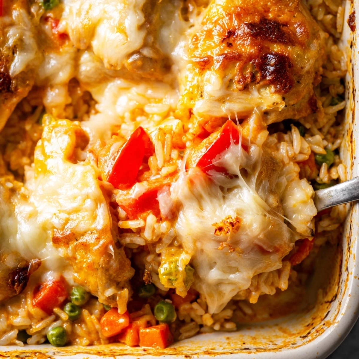 Golden baked Macau style Portuguese chicken rice with melted cheese and colorful vegetables in a creamy coconut curry sauce