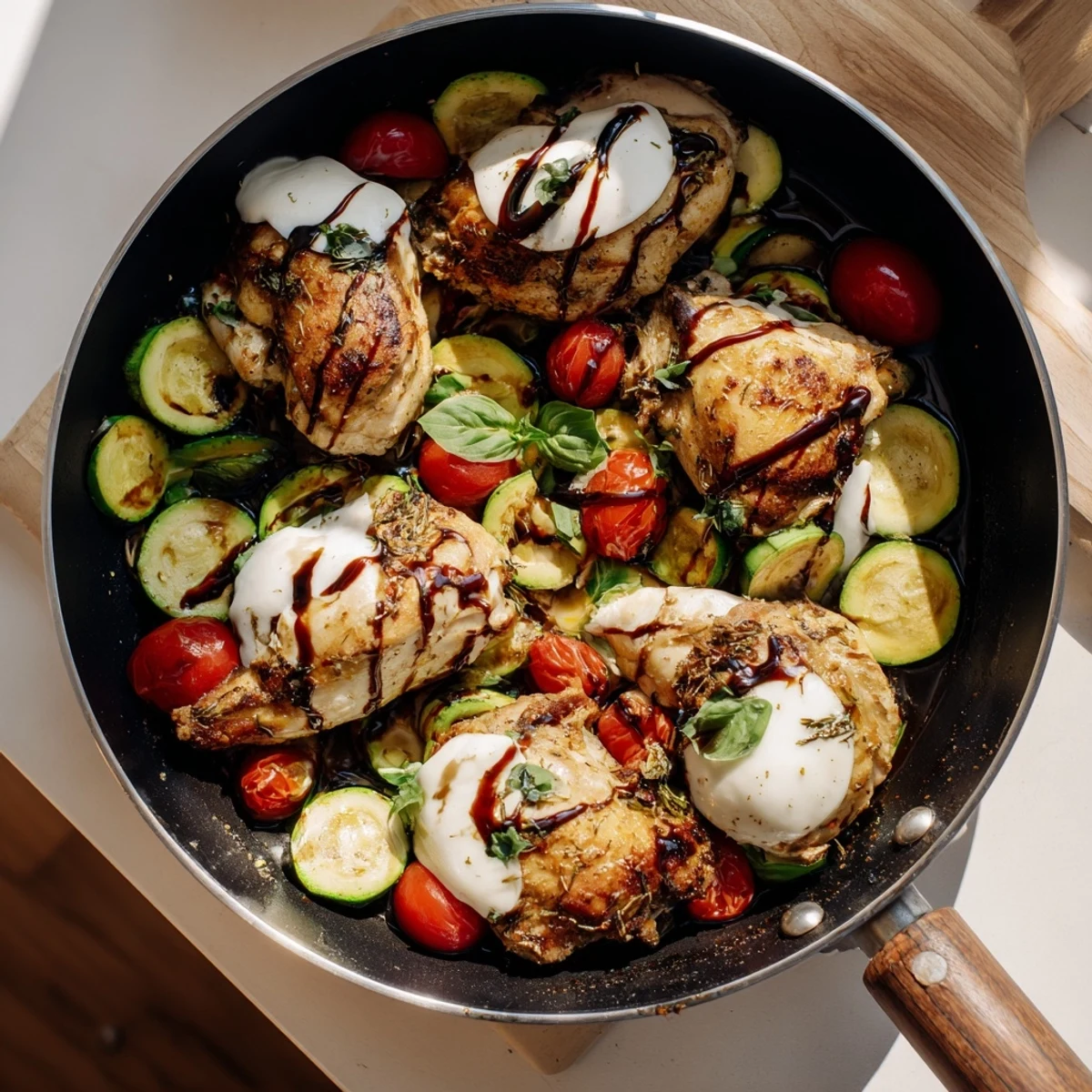 One-pan Caprese chicken skillet featuring juicy chicken topped with bubbling mozzarella alongside tender zucchini and cherry tomatoes