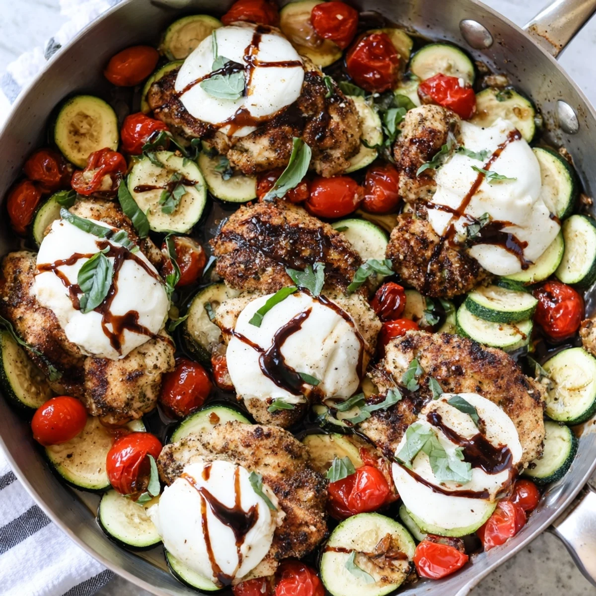 Golden brown Caprese chicken breast nestled with zucchini rounds, melted mozzarella, and fresh basil in a skillet