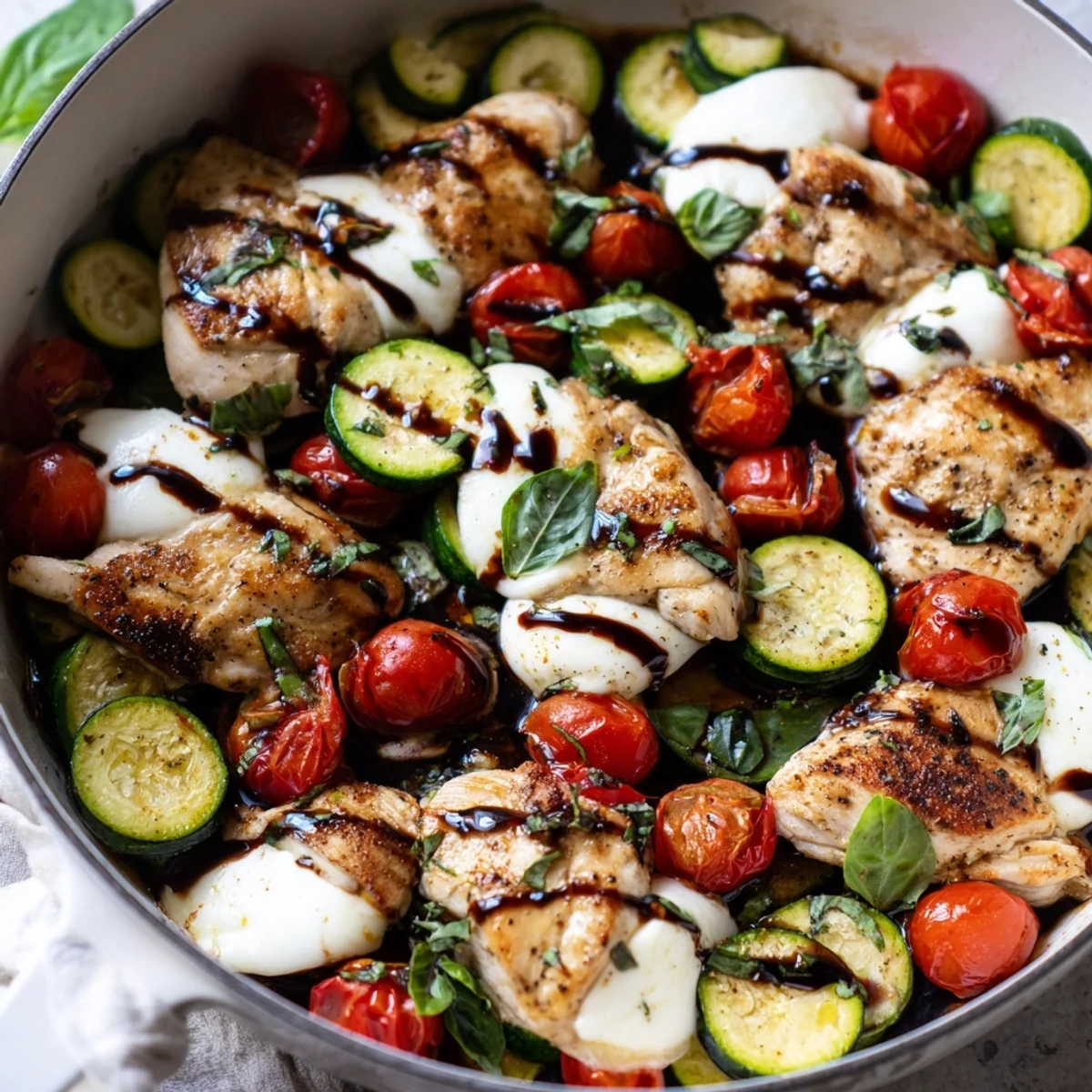 Creamy Caprese chicken and zucchini skillet drizzled with balsamic glaze and garnished with torn fresh basil leaves