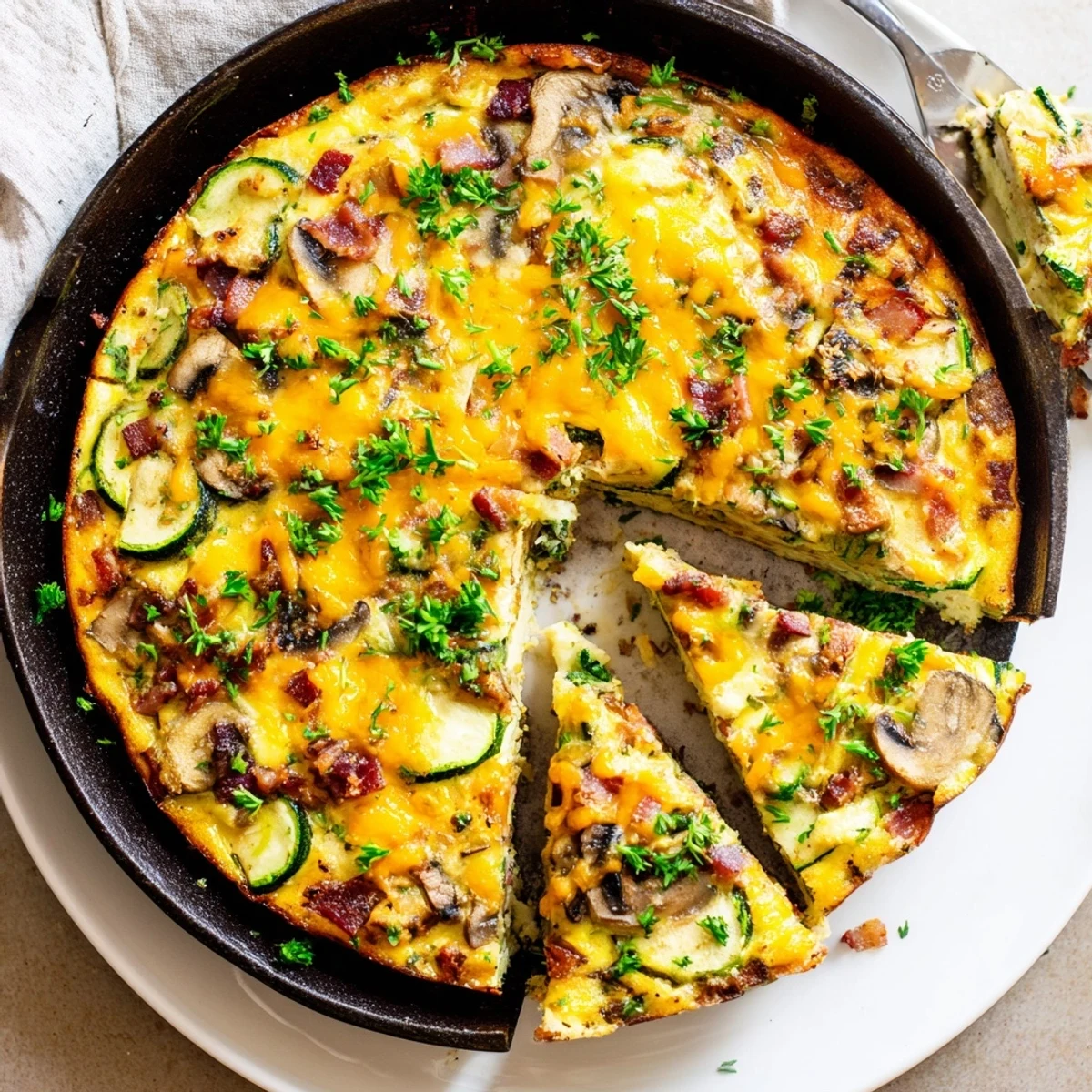 Savory baked Mushroom Zucchini and Bacon Family Frittata featuring tender vegetables and crispy smoky bacon pieces