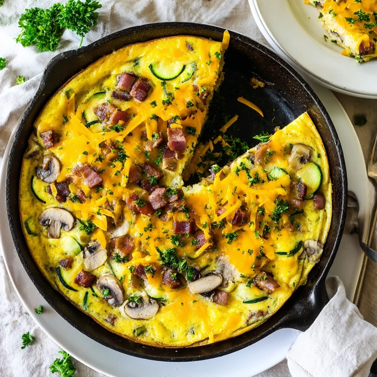 Golden Mushroom Zucchini and Bacon Family Frittata with melted cheese topping and fresh parsley garnish