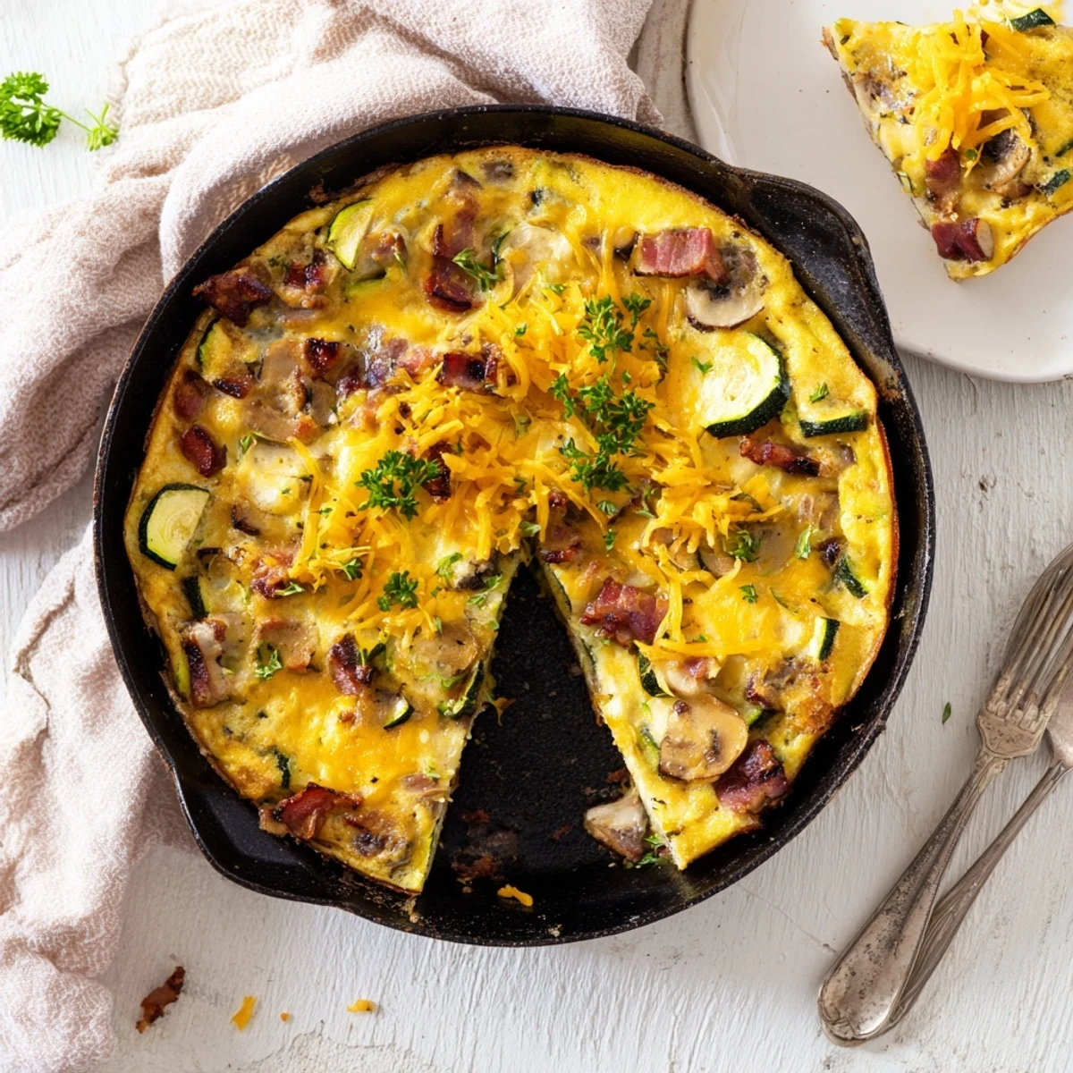 Sliced Mushroom Zucchini and Bacon Family Frittata served warm on a white plate with fresh herbs