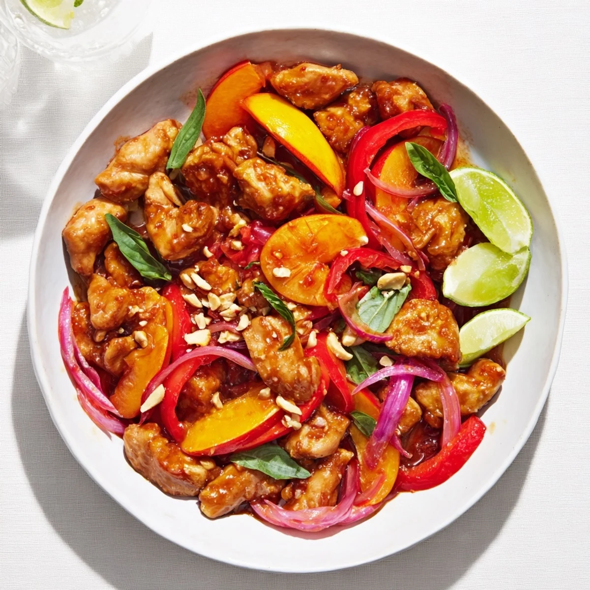 Golden Thai peach chicken simmered with colorful bell peppers in a glossy sweet-spicy sauce