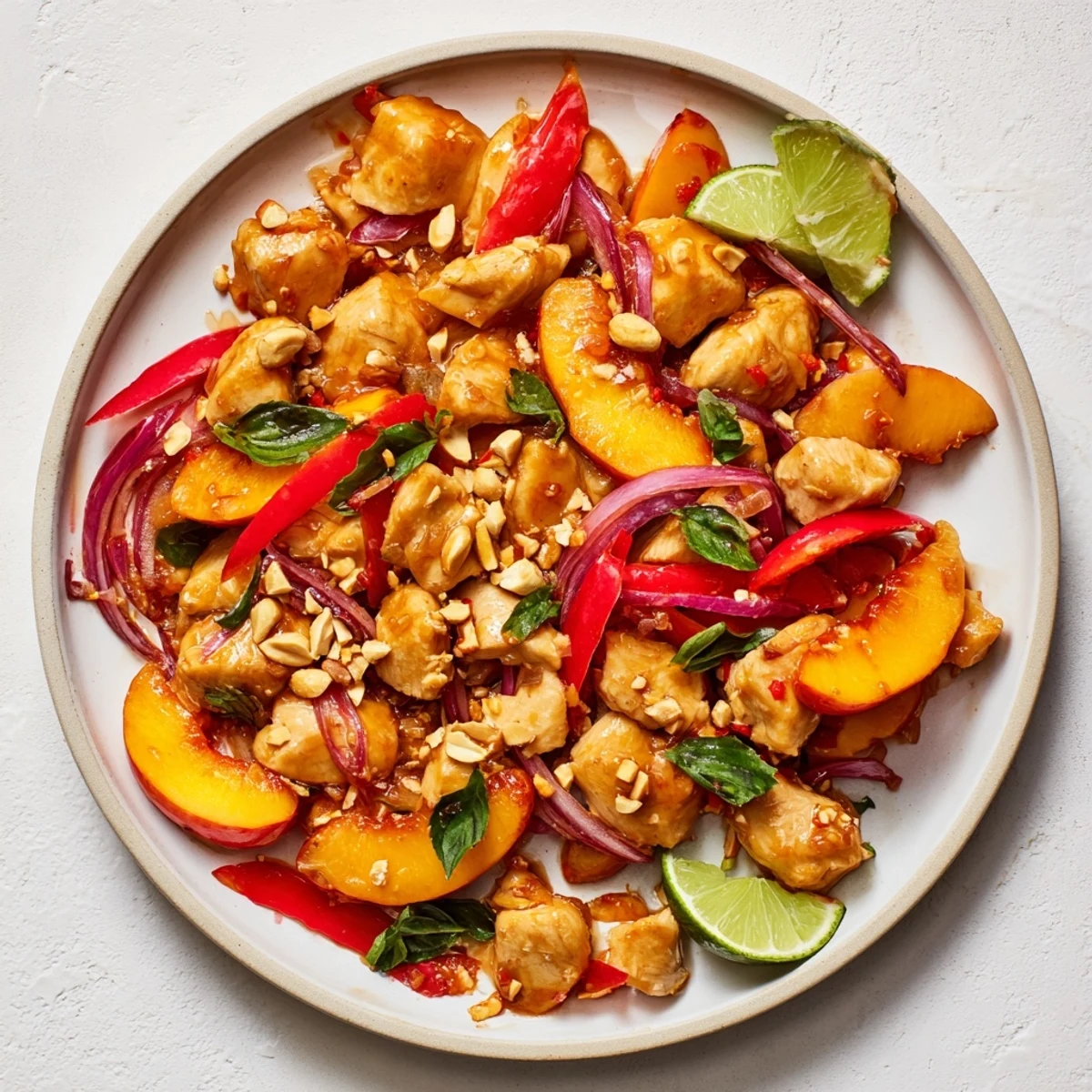 Juicy chicken and fresh peach slices tossed in fragrant Thai sauce with crisp red peppers