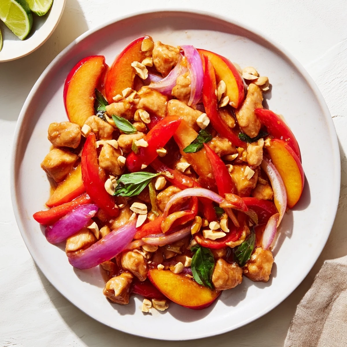 Vibrant Thai peach chicken stir fry featuring tender pieces coated in aromatic chili basil glaze
