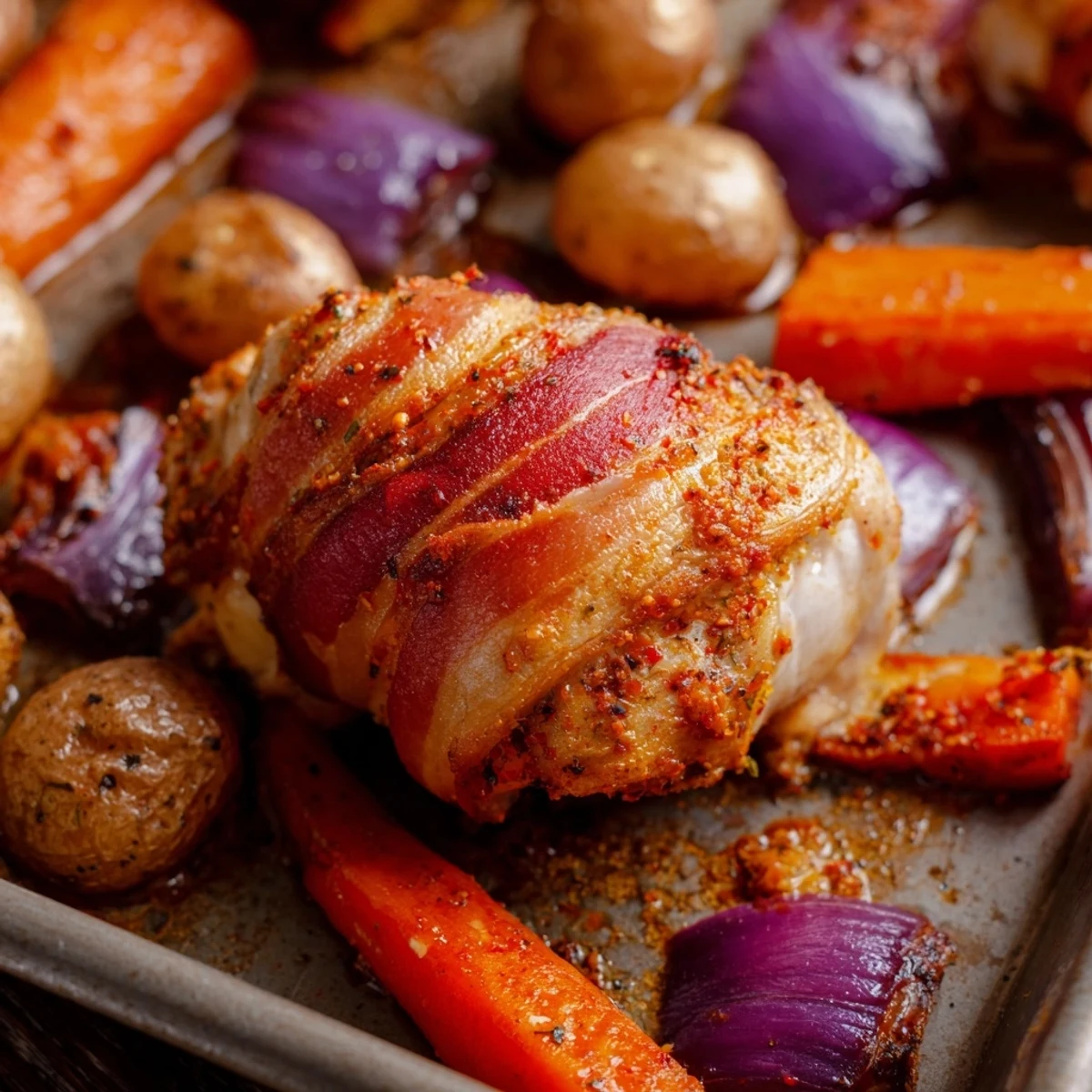 Golden bacon-wrapped chicken thighs roasted with colorful baby potatoes, carrots, and green beans on a large baking sheet