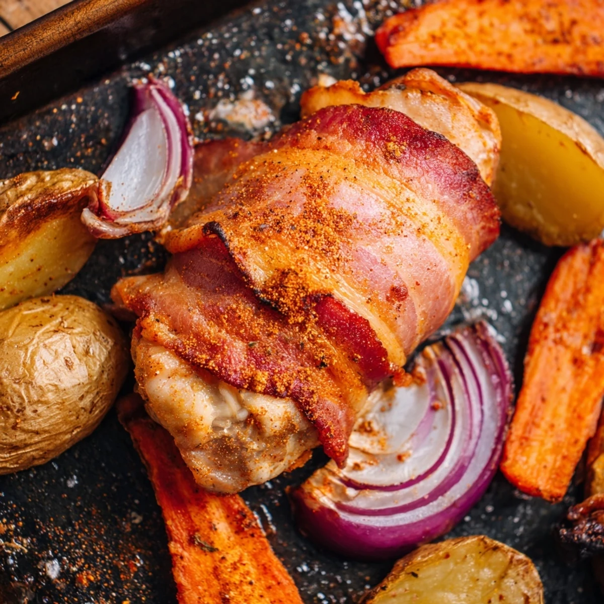 Crispy bacon encircles juicy seasoned chicken thighs nestled beside roasted vegetables in this easy one-pan tray bake dinner
