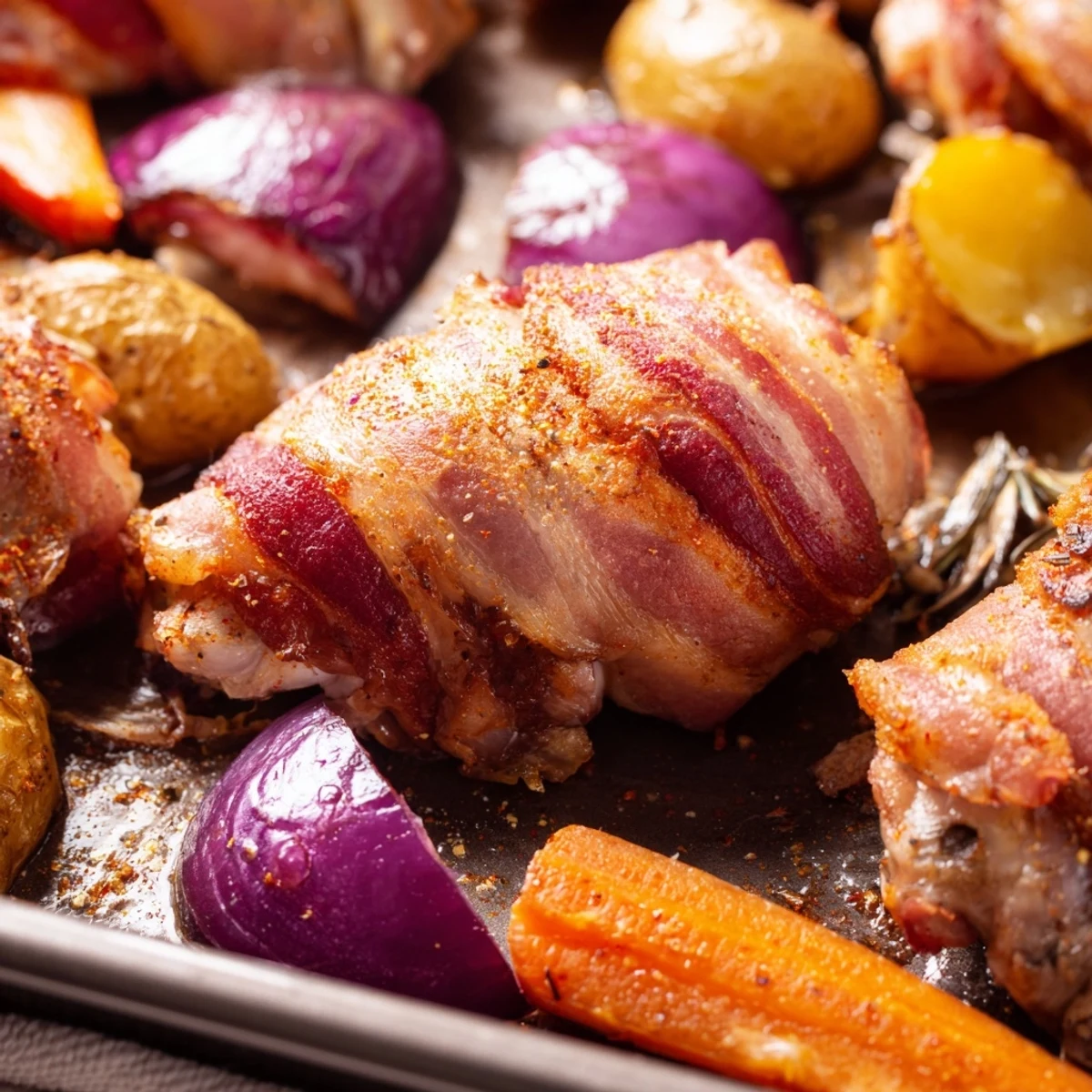 Savory oven-baked chicken wrapped in crispy bacon strips, served with tender potatoes, carrots, and fresh green beans