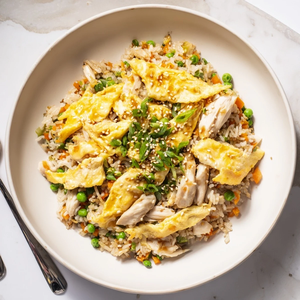 Golden chicken fried rice with colorful vegetables topped with delicate egg omelette ribbons in a white serving bowl