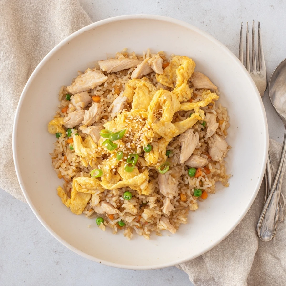 Steamy Asian stir-fried rice featuring tender chicken pieces and peas garnished with sliced golden egg strips