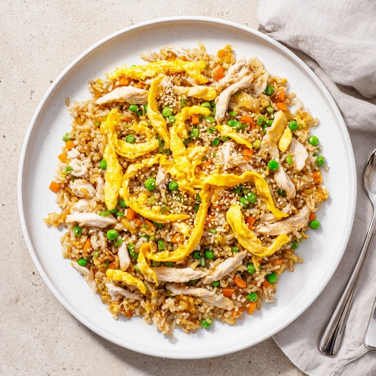Close-up of savory chicken fried rice with fragrant jasmine rice and scallions finished with rolled egg omelette