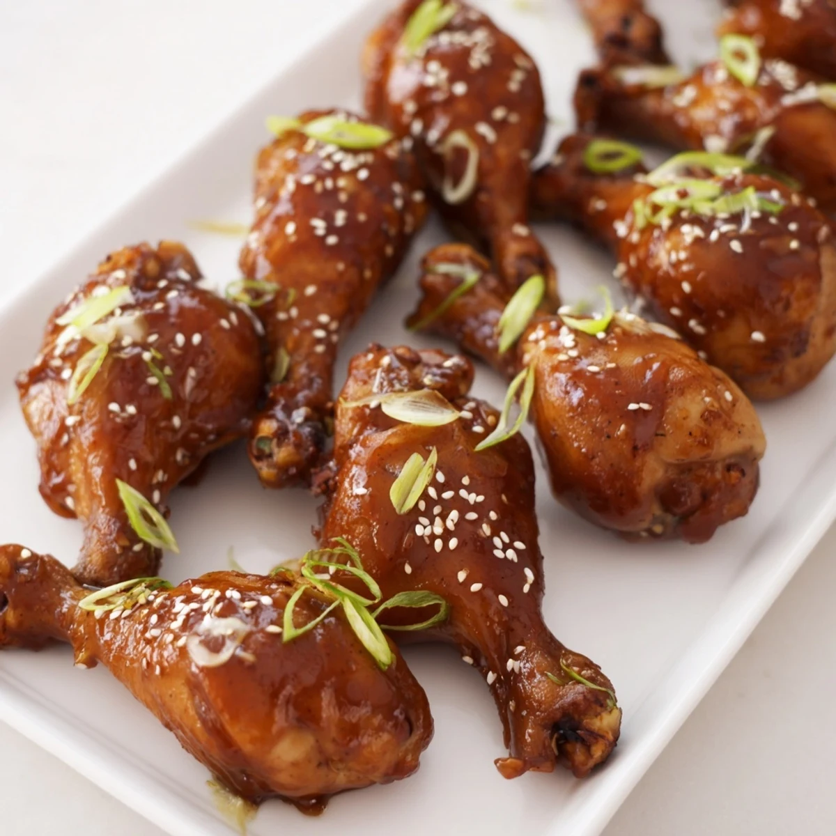 Tender juicy Asian glazed chicken drumsticks arranged on a serving platter with glossy caramelized coating and fresh green onion garnish