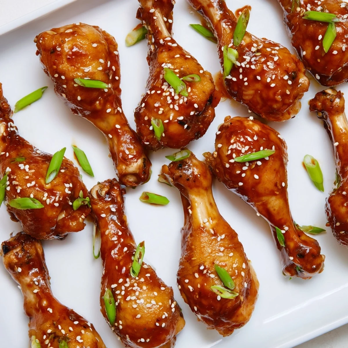 Golden brown slow cooker Asian glazed chicken drumsticks brushed with thick savory sauce and topped with sesame seeds and scallions