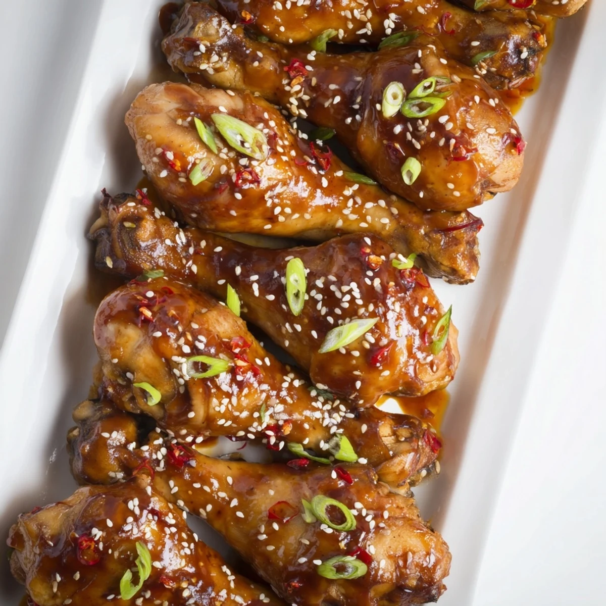 Slow cooked chicken drumsticks coated in rich dark Asian glaze falling off the bone and sprinkled with white sesame seeds