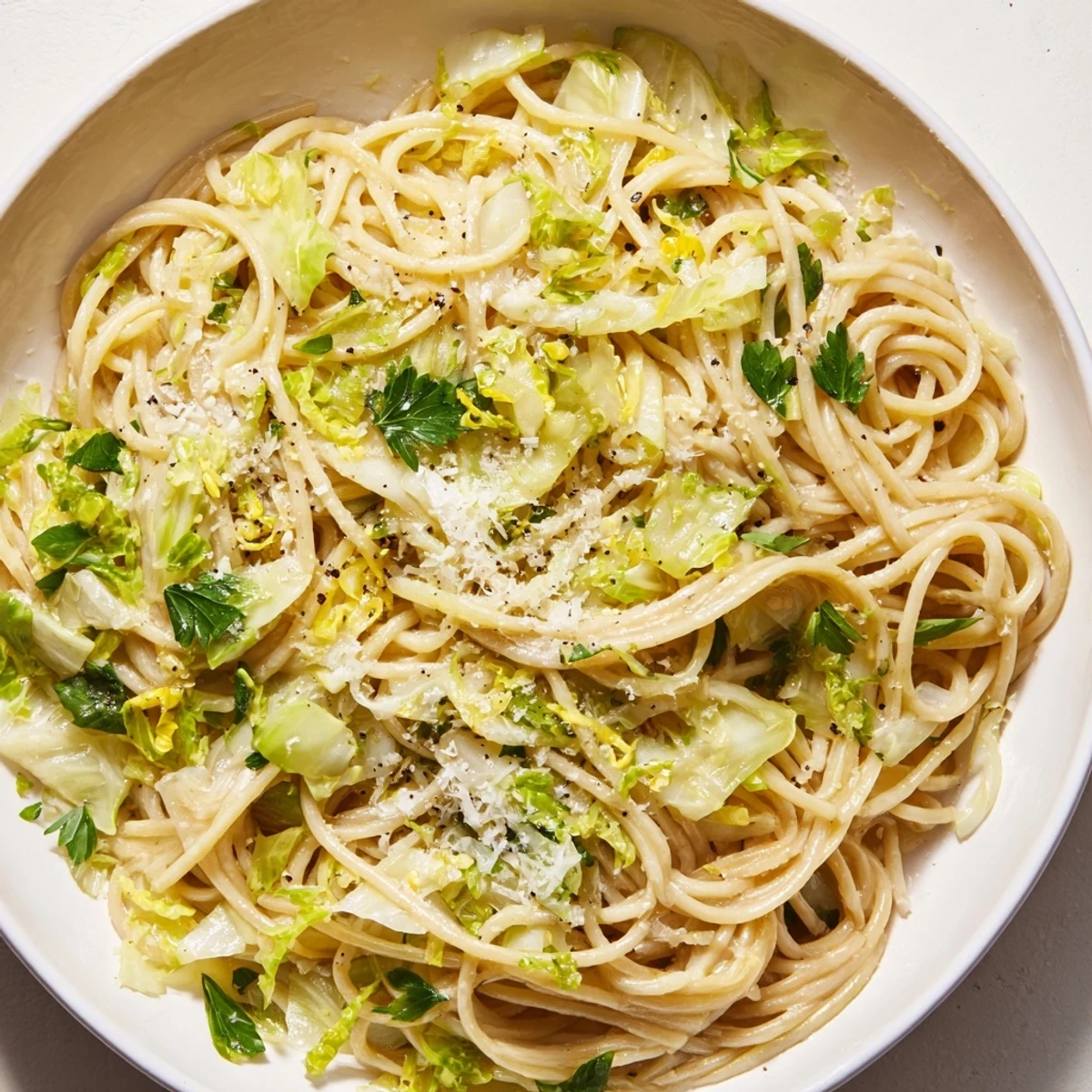 Bowl of lemon garlic cabbage pasta garnished with fresh parsley and red pepper flakes
