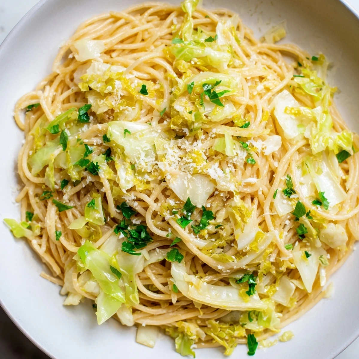 Twirled spaghetti topped with caramelized cabbage, lemon zest, and grated Parmesan cheese