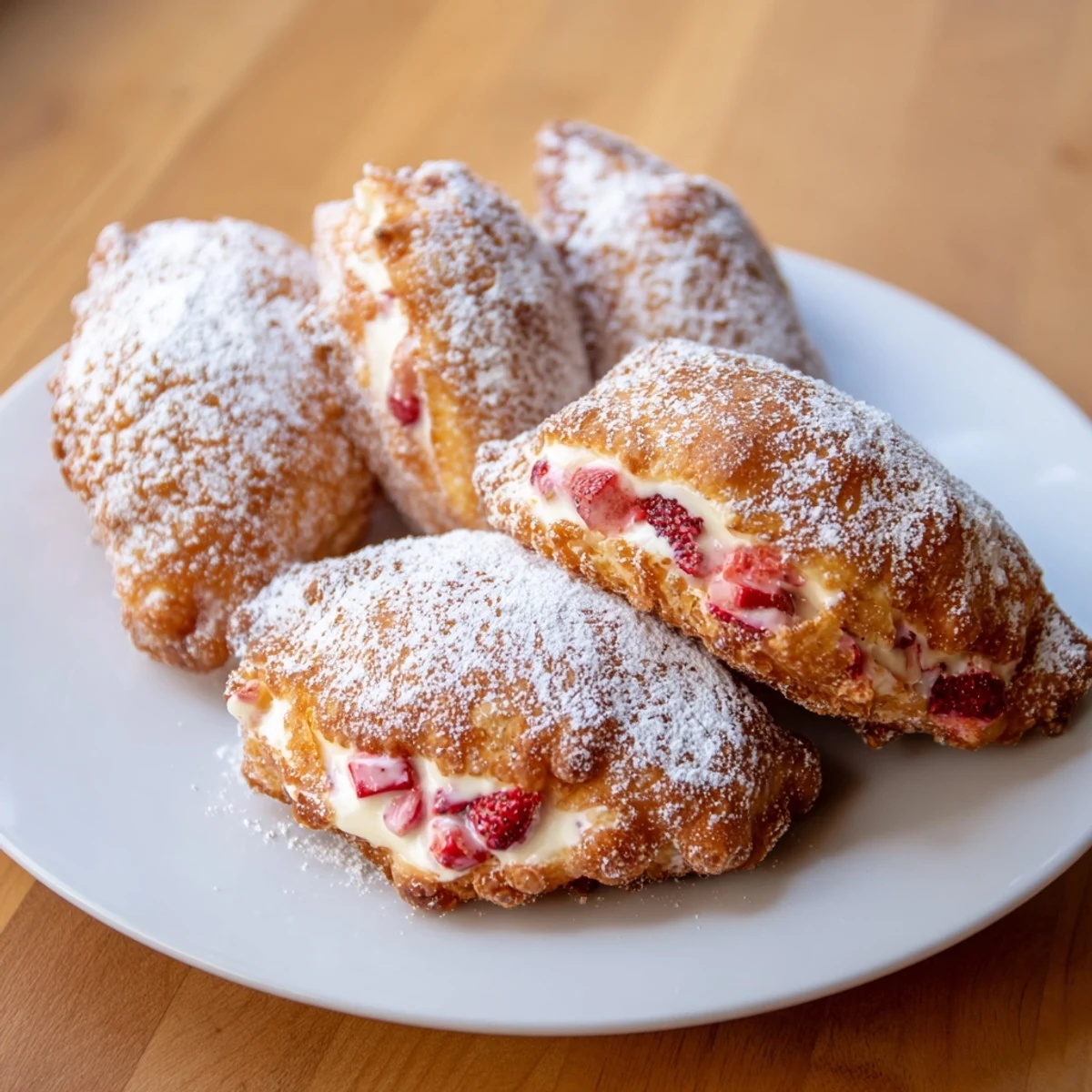 Golden deep fried strawberry cheesecake pies dusted with powdered sugar on white plate