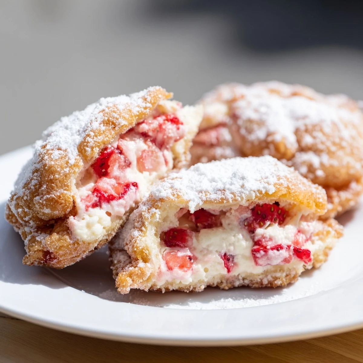 Crispy fried hand pies oozing sweet strawberry cheesecake filling served for dessert