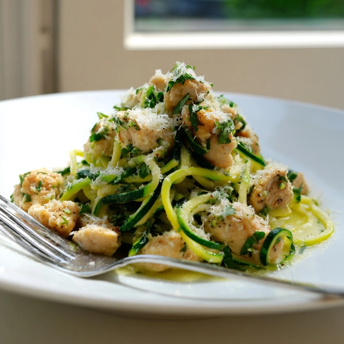 Golden chicken pieces spiralized zucchini noodles tossed in rich garlic butter sauce for easy meal prep