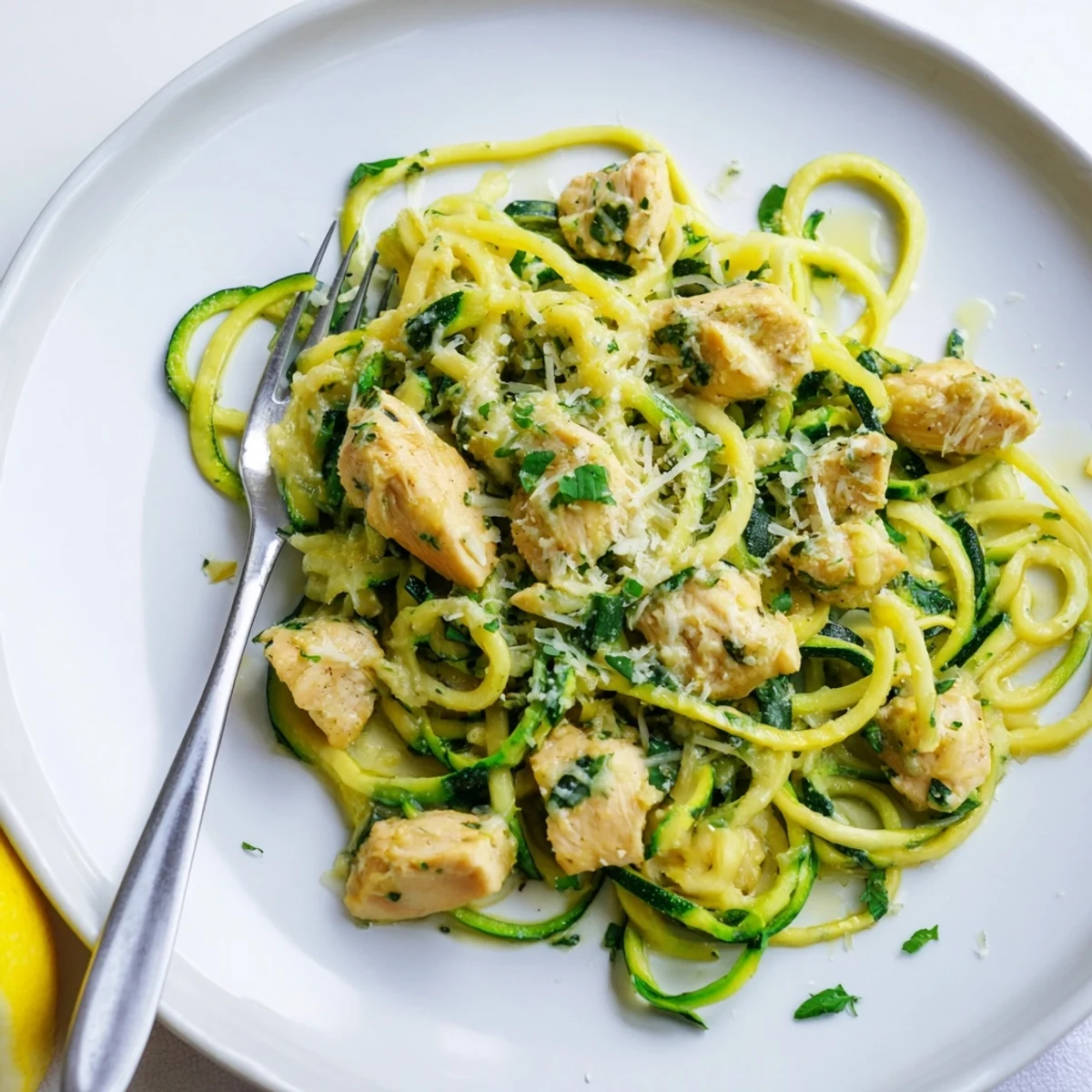 Tender low-carb garlic butter chicken zucchini noodles packed in meal prep containers topped with fresh parsley