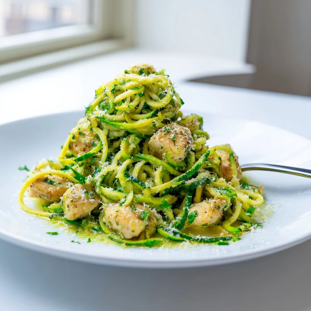 Sautéed chicken breast with spiralized zucchini swimming in savory garlic butter sauce perfect for weekly meal prep