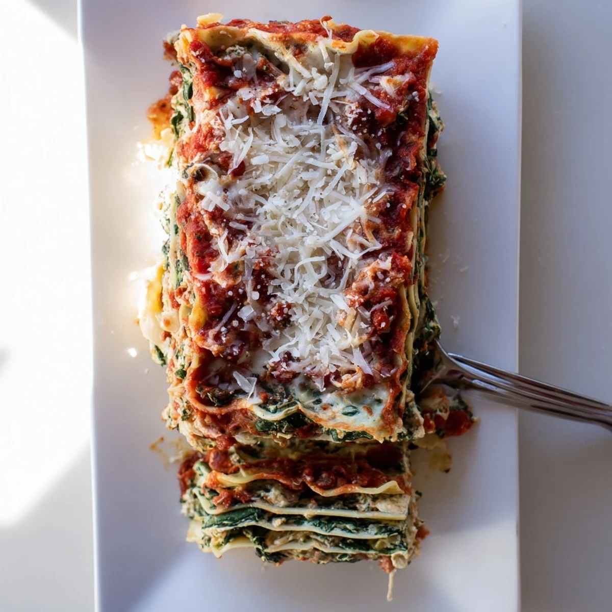 Golden bubbly classic spinach ricotta lasagna fresh from the oven with melted cheese topping