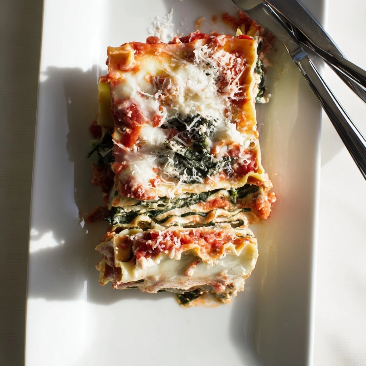 Comforting classic spinach ricotta lasagna squares plated on white dish with garnish of fresh basil
